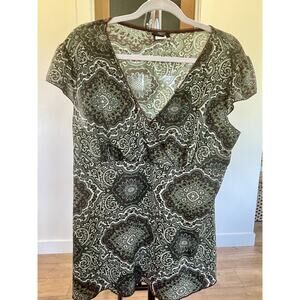 Perception Concept Women's Size 2X Green Paisley Floral‎ Blouse Cap Sleeve